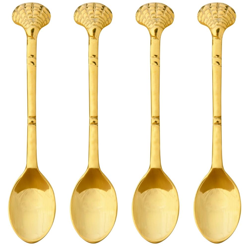 Mini Brass Condiment Spoons w/ Seashell Handles - 4 pc.