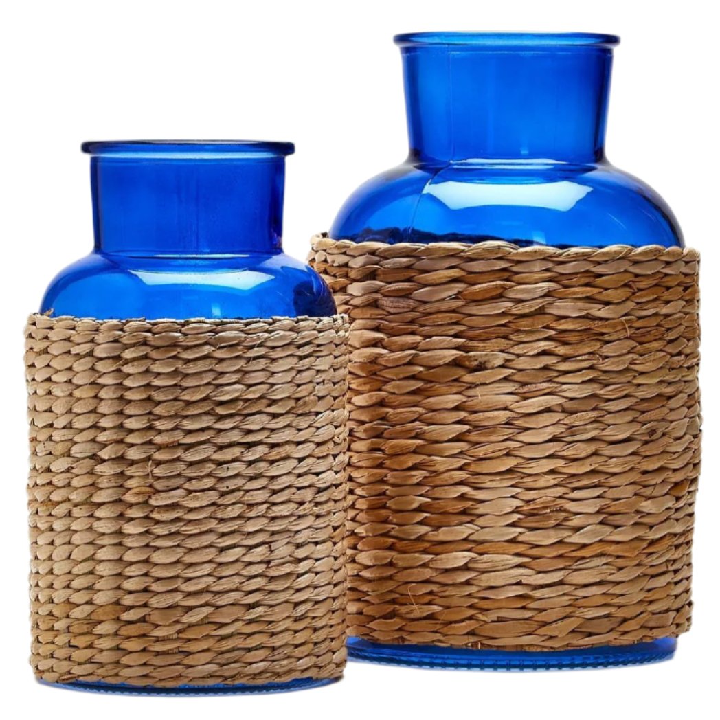 Rattan-Wrapped Blue Glass Vases