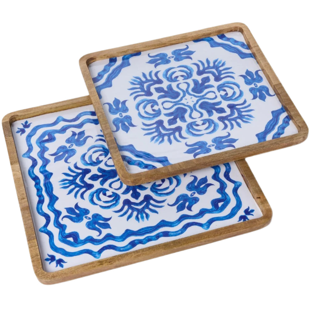 Enameled Mango Wood Blue Block Print Trays