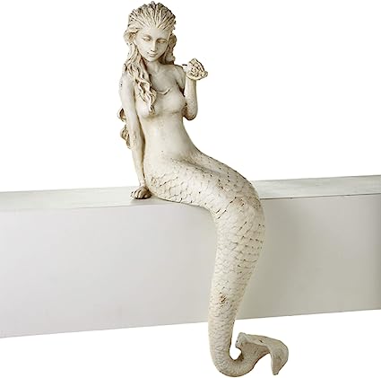 Magnesia Whitewash Mermaid Ledge-Sitting Figure - 27"