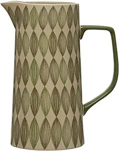 Green Almond-Patterned Stoneware Pitcher - 9.5"