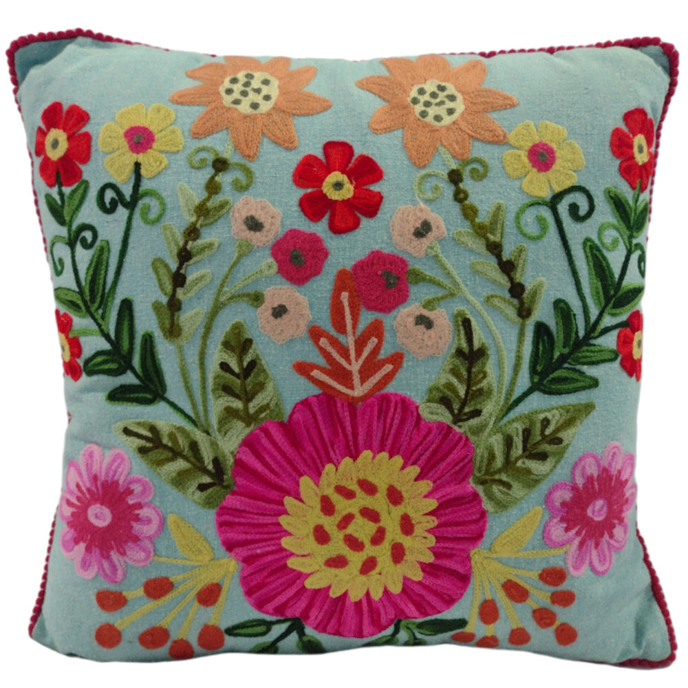 Embroidered Blue Cotton Floral Pillow - 16"