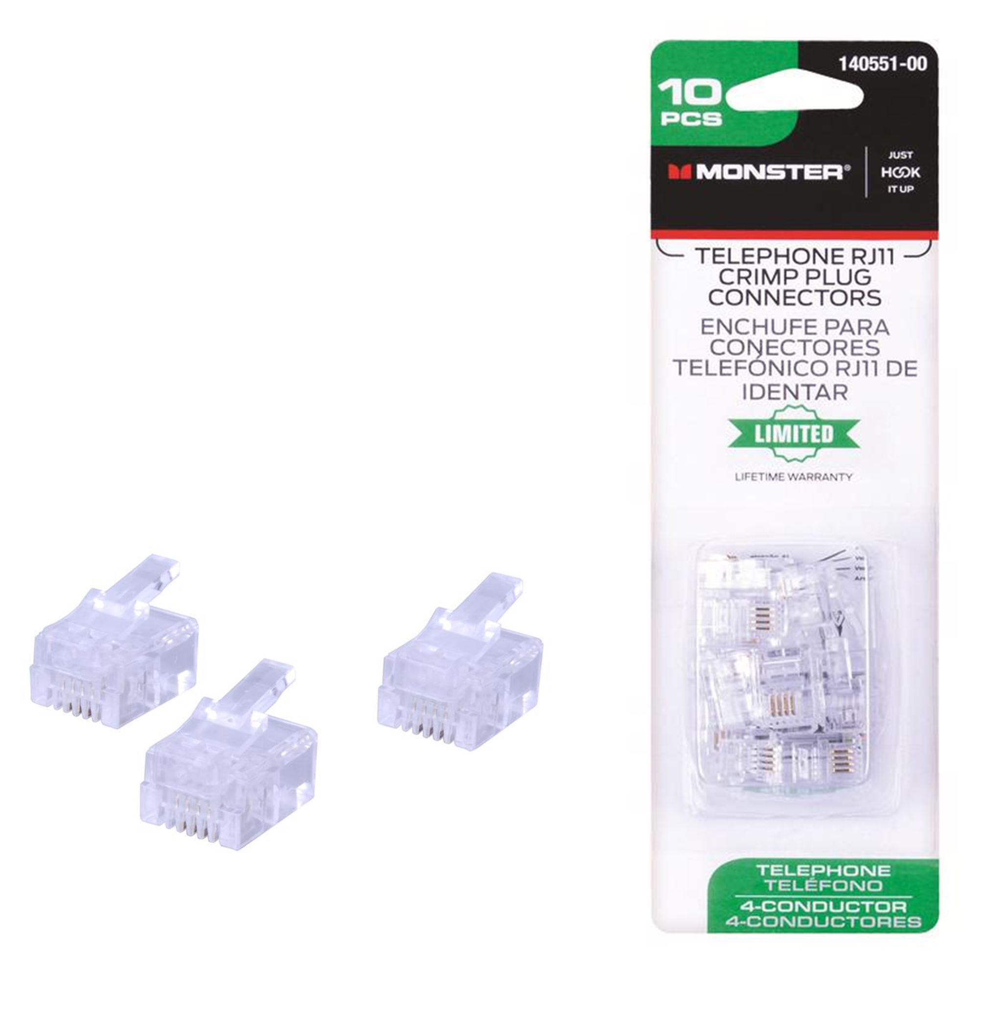 Monster Telephone RJ11 Crimp Plug Connectors - 10 Pack