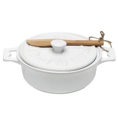 7" Stoneware Mini Brie Baker w/ Bamboo Spreader