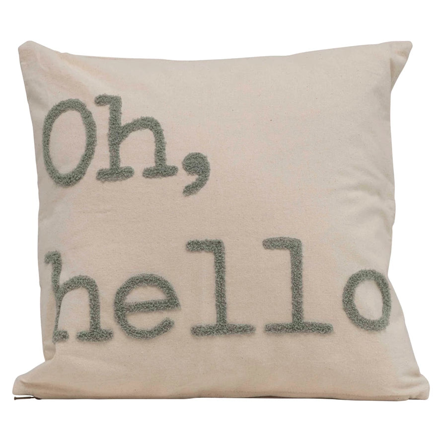 "Oh, Hello" Embroidered Cotton Pillow - 18" x 18"