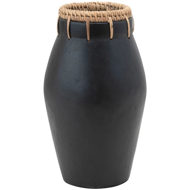 Terracotta Vase w/ Stitched Rattan Rim - 10.5"