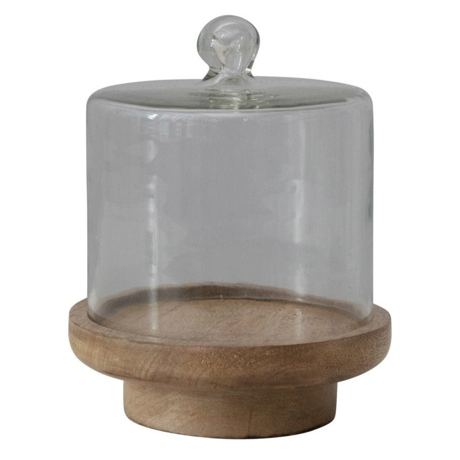 Glass Cloche with Footed Mango Wood Base