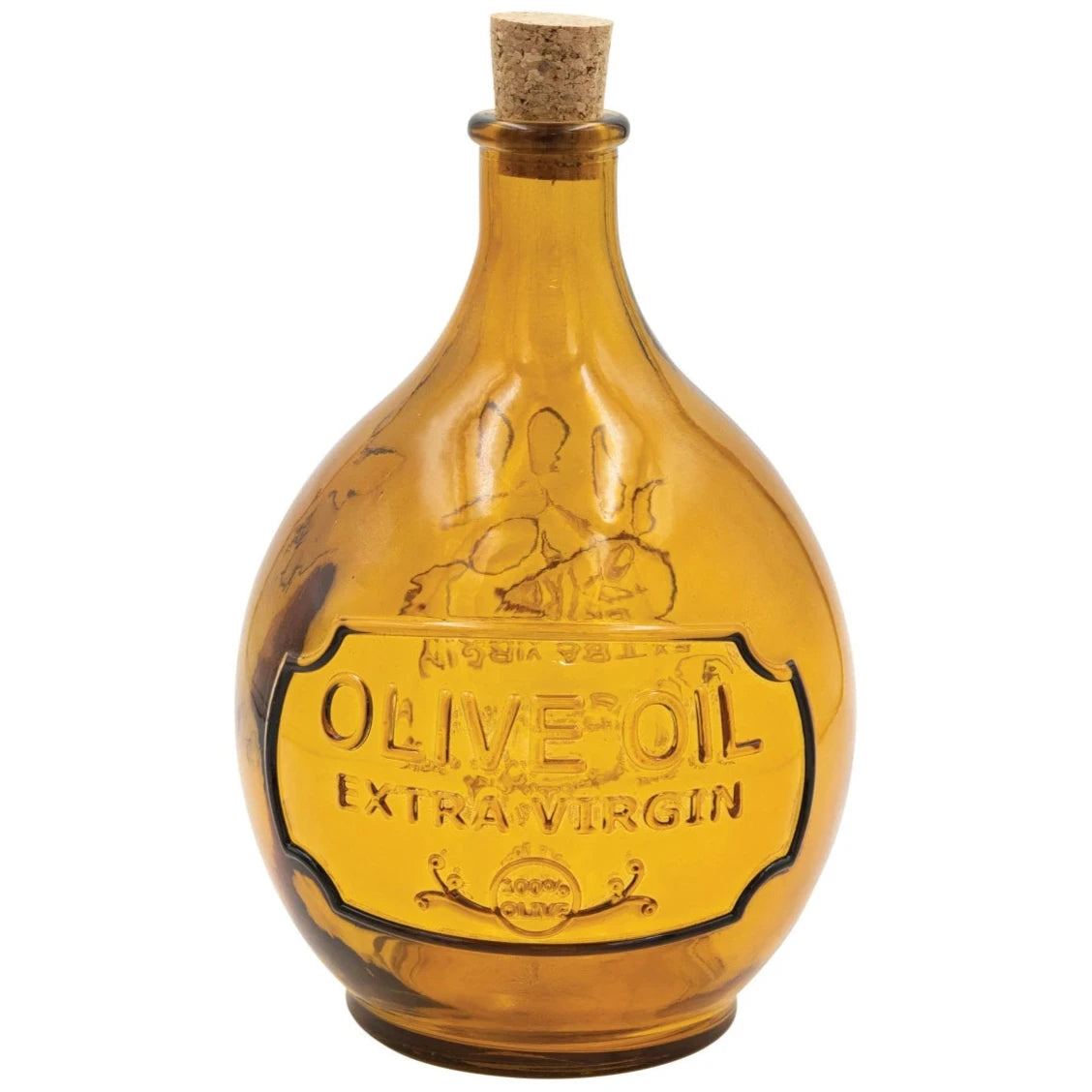 Embossed Recycled Glass "Olive Oil" Amber Bottle w/ Cork Stopper - 7.25"