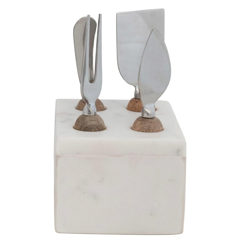 Stainless Steel Cheese Servers with Mango Wood Handles & Marble Stand - 4 pc.