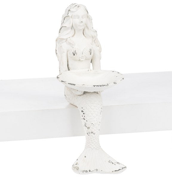 Whitewash Resin Sitting Mermaid Figure - 7"