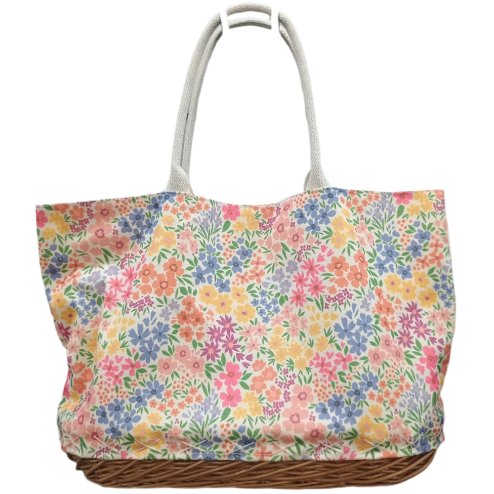 Floral Canvas & Wicker Bottom Shoulder Bag - 12" x 18"