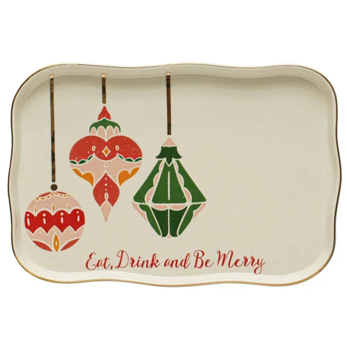 "Eat, Drink, & Be Merry" Ornaments Stoneware Tray - 13" x 8.5"