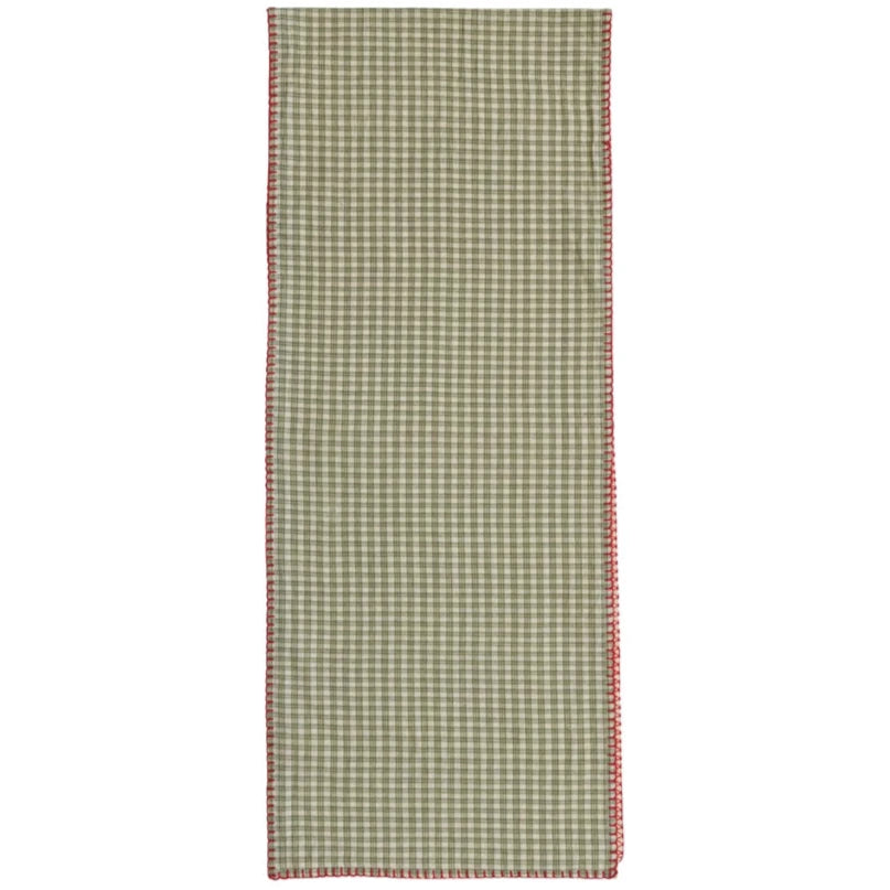 Green Plaid Cotton Table Runner w/ Red Blanket Stitch - 14" x 72"