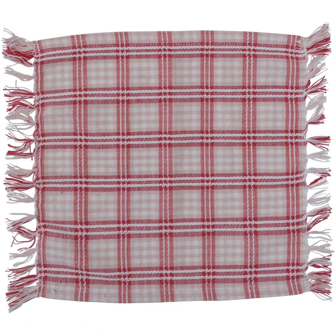 Fringed Cotton Dobby Cocktail Napkins (Red & White Plaid) - 4 pc.