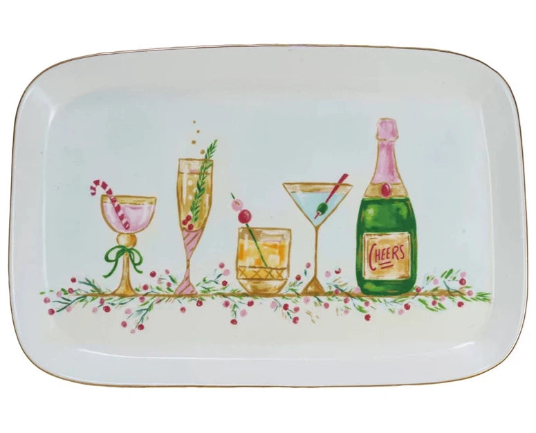 Gold-Rimmed Festive Drinks Serving Platter - 15" x 10"