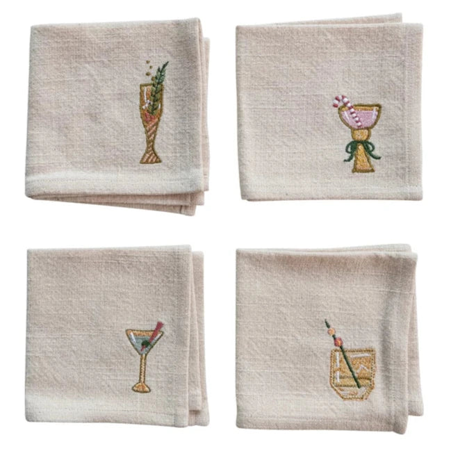 Festive Drinks Embroidered Cotton Cocktail Napkins - 4 pc.