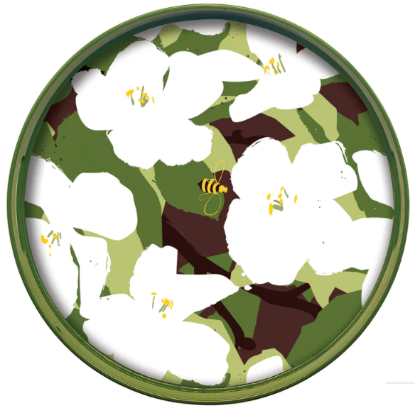 White Lilies Lacquered Round Tray - 15"