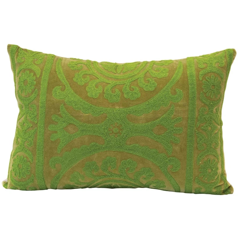 Velvet Green Embroidered Lumbar Pillow - 20" x 14"