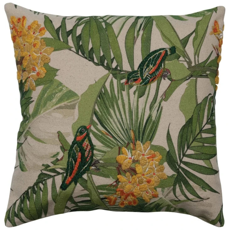 Embroidered Birds & Florals Cotton Pillow - 20" x 20"